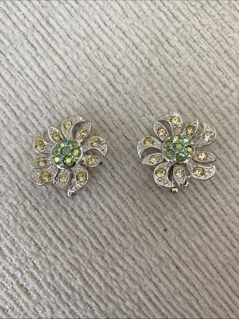 Monet Silver-Tone Floral Clip-On Earrings with Green and Yellow Crystals
